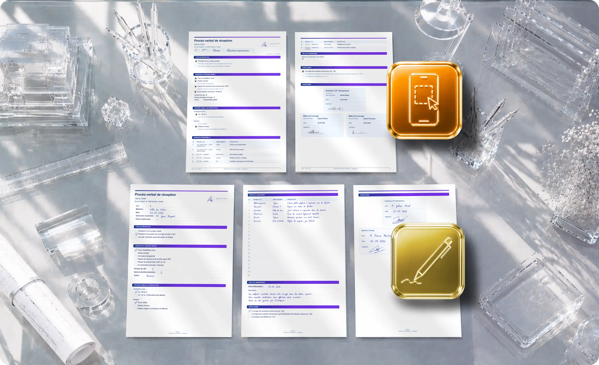 Procès-verbal de réception d'ouvrage FinitoApp — signature numérique sur smartphone et documents imprimés